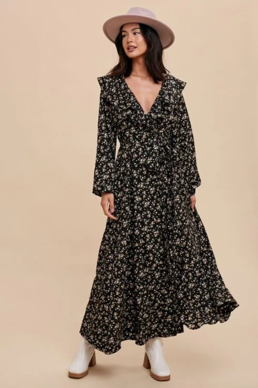 Black Floral Ruffle V-Neck Wrap Front Maxi Dress sold by Pinkblush