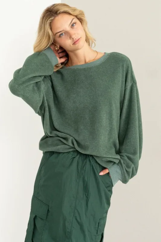 Green Oversized Brushed Knit Long Sleeve Top sold by Pinkblush