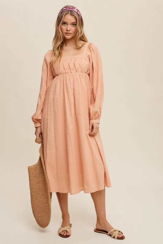 Peach Criss Cross Front Square Neck Long Sleeve Midi Dress sold by Pinkblush