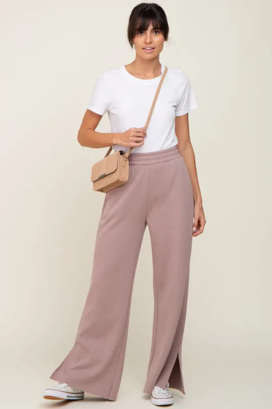Mocha Soft Wide Leg Side Slit Sweatpants sold by Pinkblush