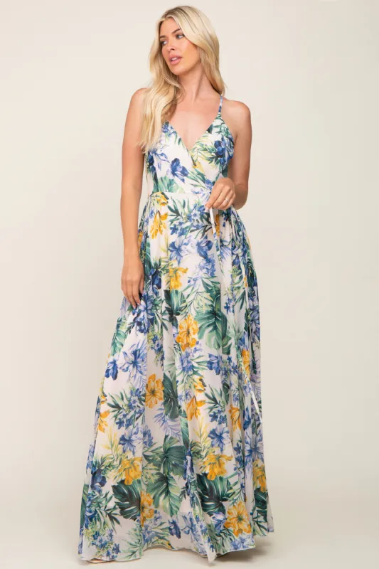 Cream Tropical Floral Chiffon Wrap Front Maxi Dress sold by Pinkblush