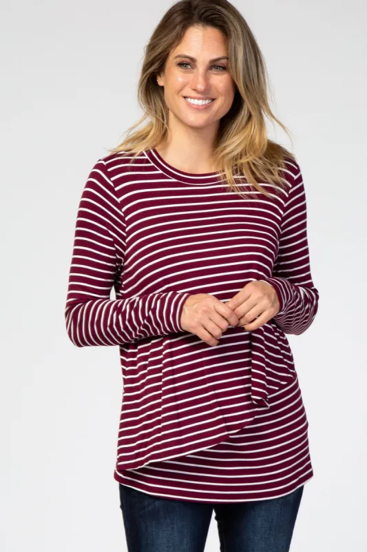 PinkBlush Burgundy Striped Layered Front Long Sleeve Nursing Top sold by Pinkblush