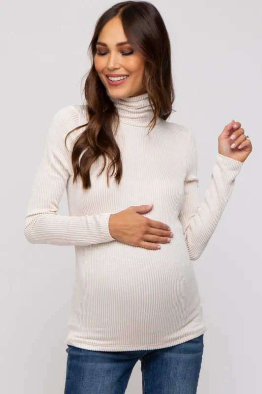 Beige Ribbed Maternity Turtleneck Top sold by Pinkblush
