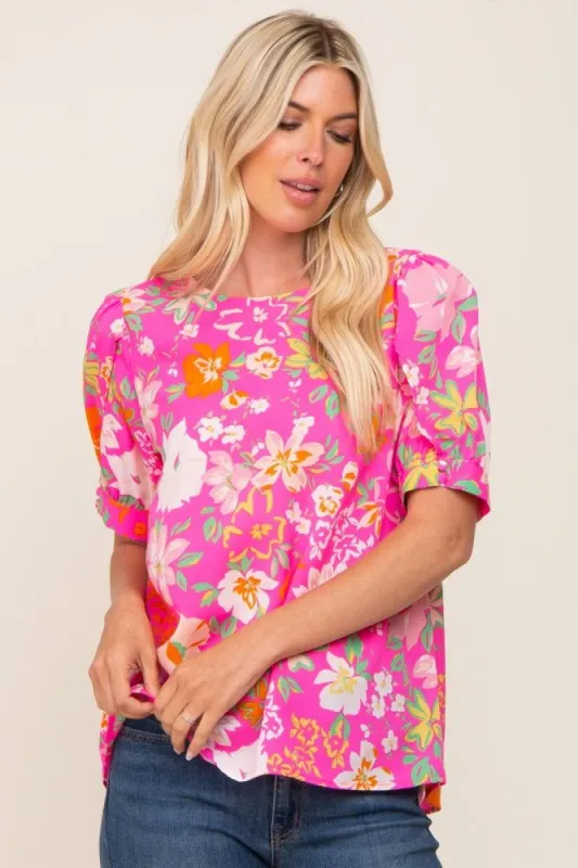 Fuchsia Floral Puff Sleeve Blouse sold by Pinkblush
