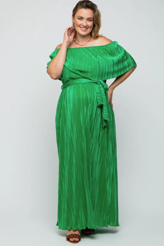 Green Plisse Off Shoulder Maternity Plus Maxi Dress sold by Pinkblush