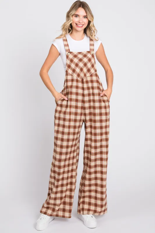 Camel Plaid Button Front Wide Leg Overalls sold by Pinkblush