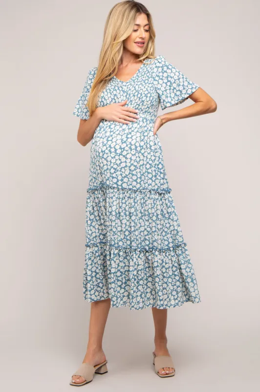 Light Blue Floral Tiered Maternity Midi Dress sold by Pinkblush