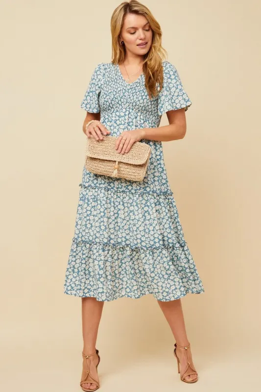 Light Blue Floral Tiered Midi Dress sold by Pinkblush