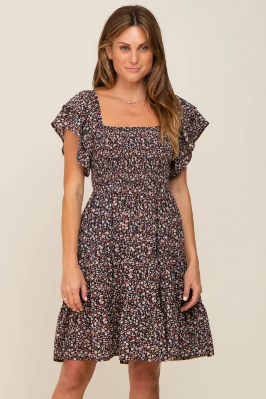 Black Floral Smocked Tiered Dress sold by Pinkblush
