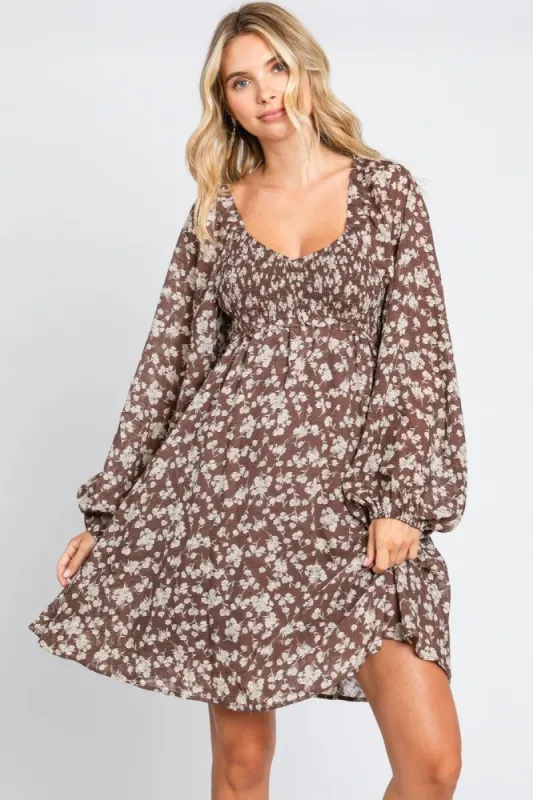 Brown Floral Long Puff Sleeve Dress sold by Pinkblush