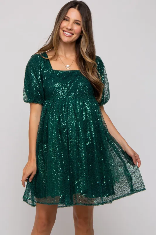 Forest Green Sequin Pearl Embellished Square Neck Babydoll Maternity Dress sold by Pinkblush