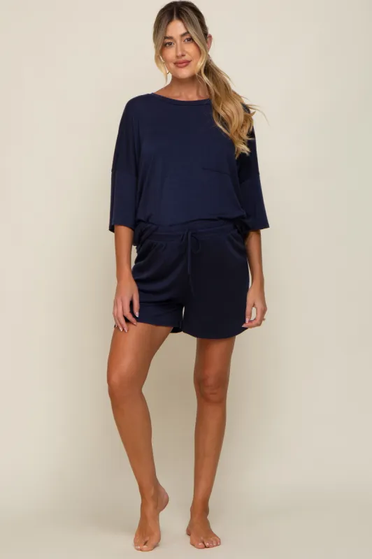 Navy Blue Pocket Front Short Sleeve Maternity Pajama Short Set sold by Pinkblush
