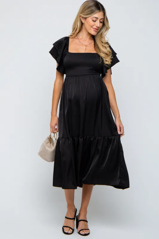 Black Satin Flutter Sleeve Maternity Midi Dress sold by Pinkblush
