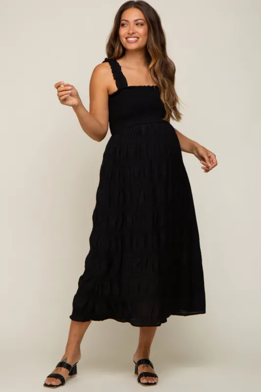 Black Smocked Square Neck Maternity Midi Dress sold by Pinkblush