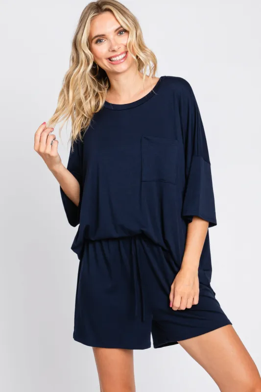 Navy Blue Pocket Front Short Sleeve Pajama Short Set sold by Pinkblush