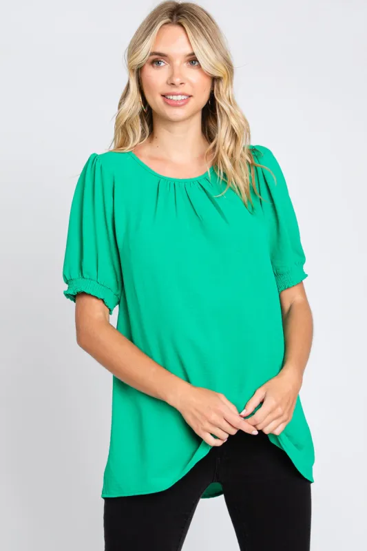 Green Puff Sleeve Smocked Accent Top sold by Pinkblush