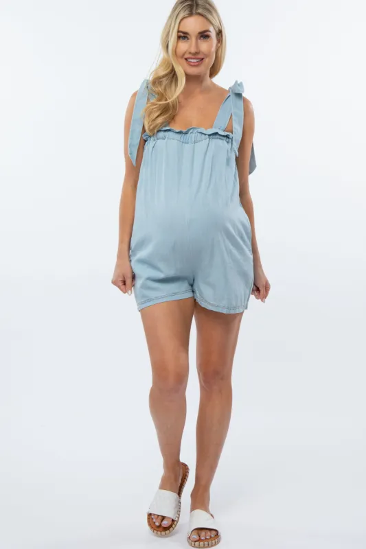 Light Blue Chambray Shoulder Tie Maternity Romper sold by Pinkblush