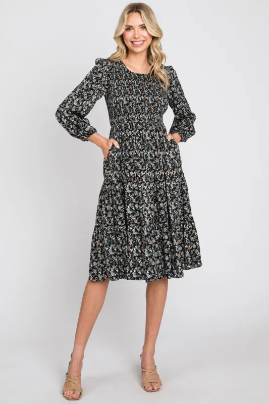 Black Floral Smocked 3/4 Sleeve Tiered Midi Dress sold by Pinkblush