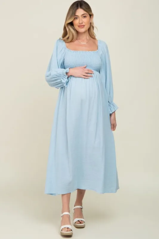 Light Blue Gauze Smocked Maternity Midi Dress sold by Pinkblush