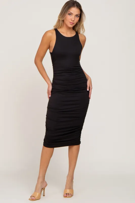 Black Ruched Fitted Midi Dress sold by Pinkblush