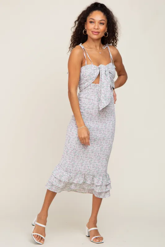 Lavender Ditsy Floral Knot Front Smocked Midi Dress sold by Pinkblush