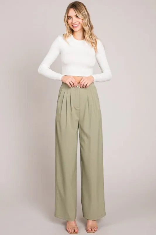 Light Olive Twill Darted Wide Leg Pants sold by Pinkblush