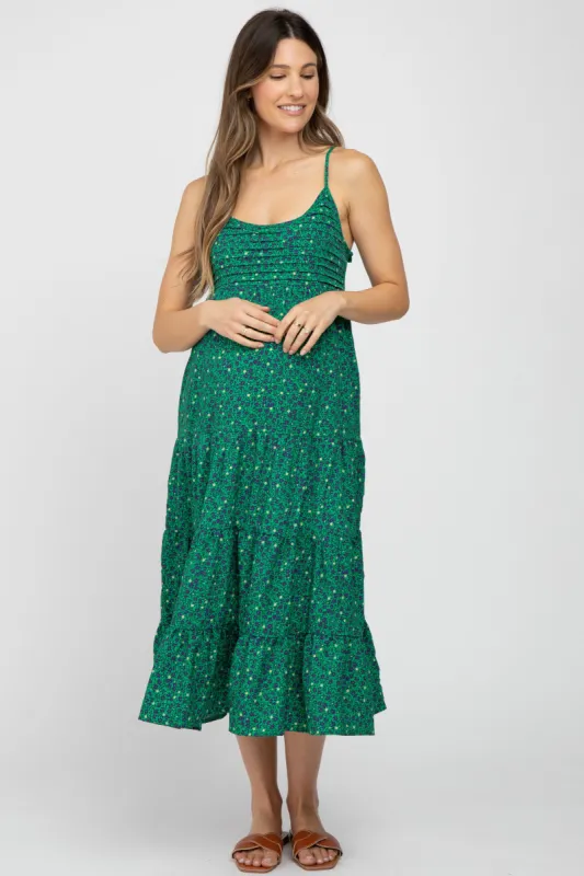 Green Floral Pleated Sleeveless Maternity Midi Dress sold by Pinkblush