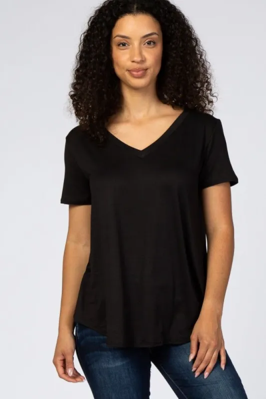 Black V-Neck Short Sleeve Top sold by Pinkblush