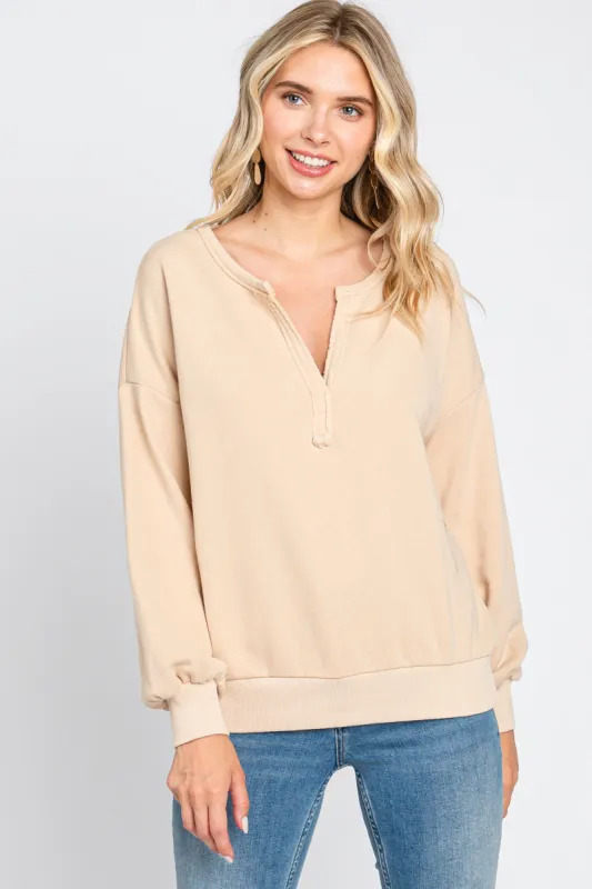 Beige Split V-Neck Long Sleeve Sweatshirt sold by Pinkblush
