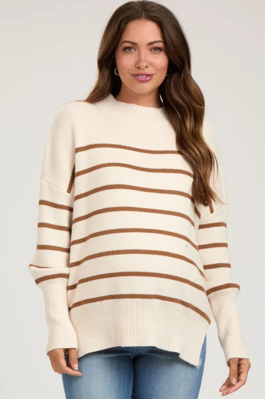 Beige Striped Drop Shoulder Maternity Sweater sold by Pinkblush