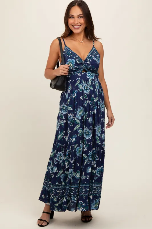 Navy Blue Floral Front Knot Twist Maternity Maxi Dress sold by Pinkblush