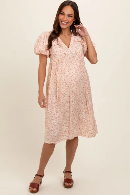 Peach Floral Puff Sleeve Maternity Midi Dress sold by Pinkblush