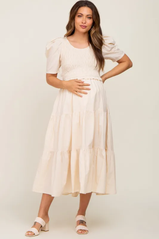 Beige Smocked Tiered Ruffle Maternity Midi Dress sold by Pinkblush