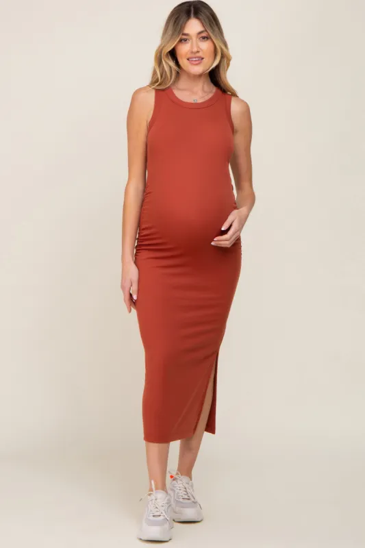 Rust Fitted Maternity Midi Dress sold by Pinkblush
