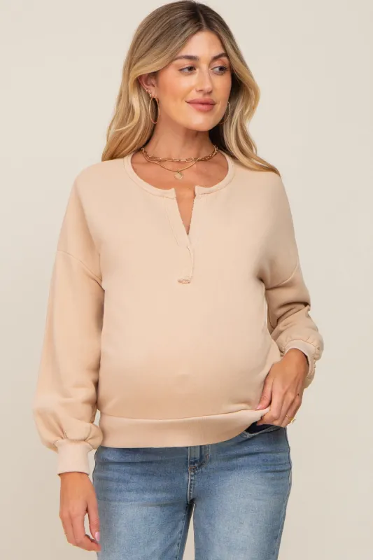 Beige Split V-Neck Long Sleeve Maternity Sweatshirt sold by Pinkblush
