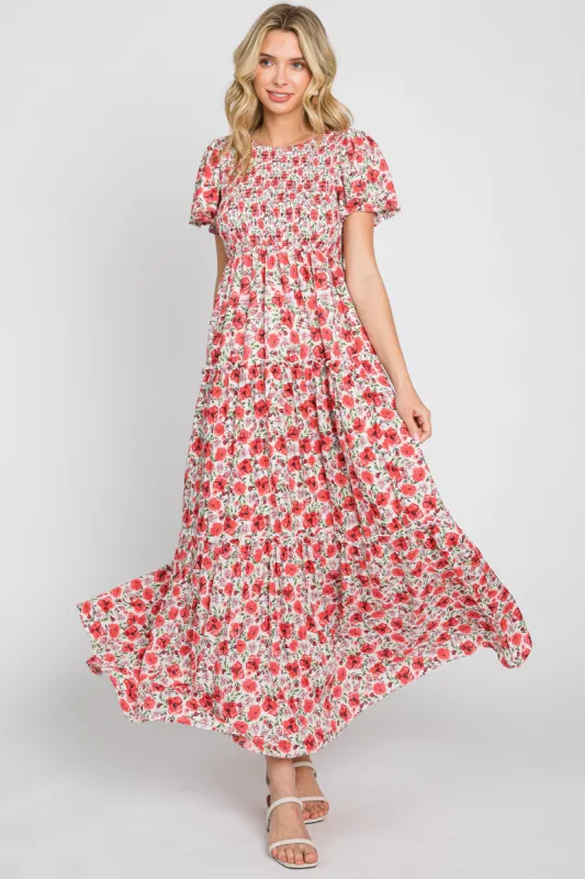 Pink Floral Smocked Scoop Back Ruffle Hem Maxi Dress sold by Pinkblush