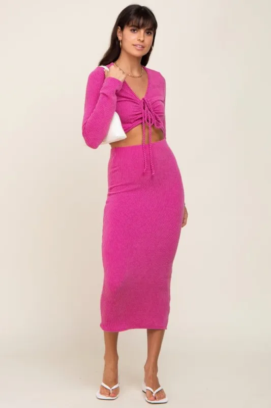 Fuchsia Ribbed Front Cutout Two Piece Skirt Set sold by Pinkblush