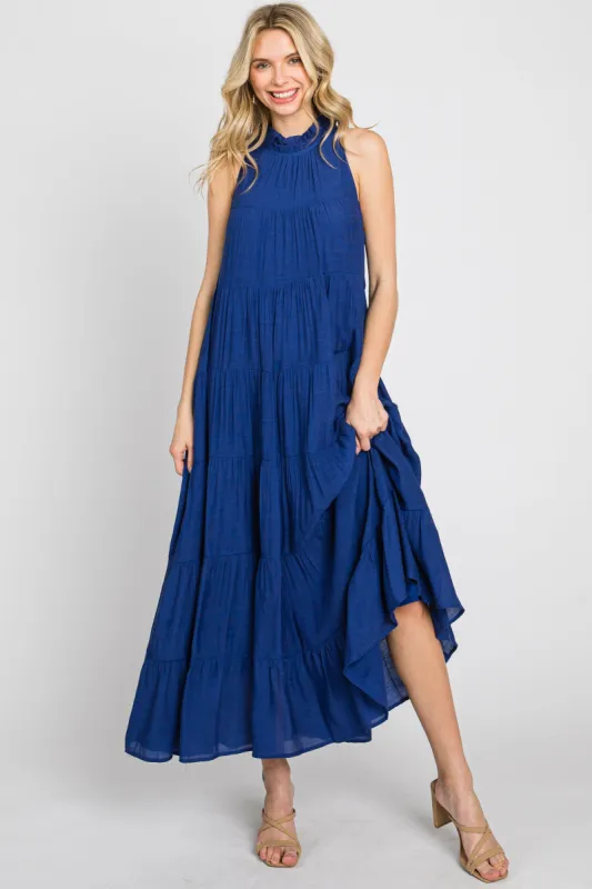 Navy Tiered High Neck Maxi Dress sold by Pinkblush