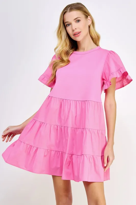 Pink Ruffled Tier Short Sleeve Mini Dress sold by Pinkblush