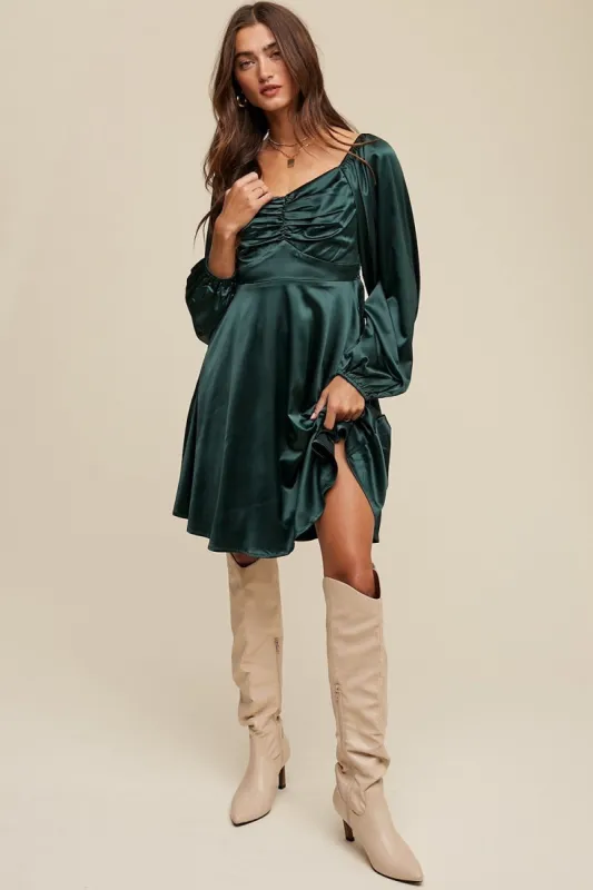 Deep Green Cinched Long Sleeve Satin Dress sold by Pinkblush