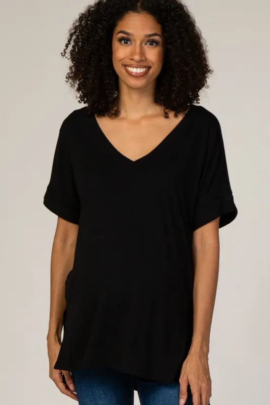 Black V-Neck Cuffed Short Sleeve Maternity Top sold by Pinkblush