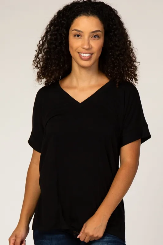 Black V-Neck Cuffed Short Sleeve Top sold by Pinkblush
