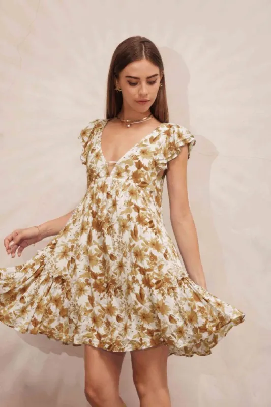 Taupe Ivory Floral Printed Mini Dress sold by Pinkblush