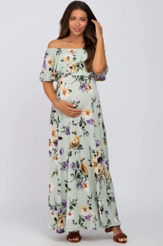 Sage Floral Off Shoulder Maternity Maxi Dress sold by Pinkblush