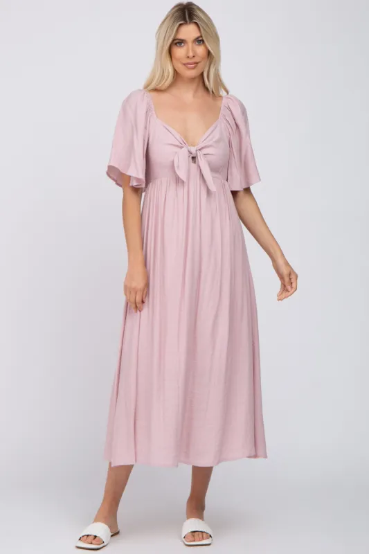 Light Pink Front Tie Ruffle Sleeve Midi Dress sold by Pinkblush