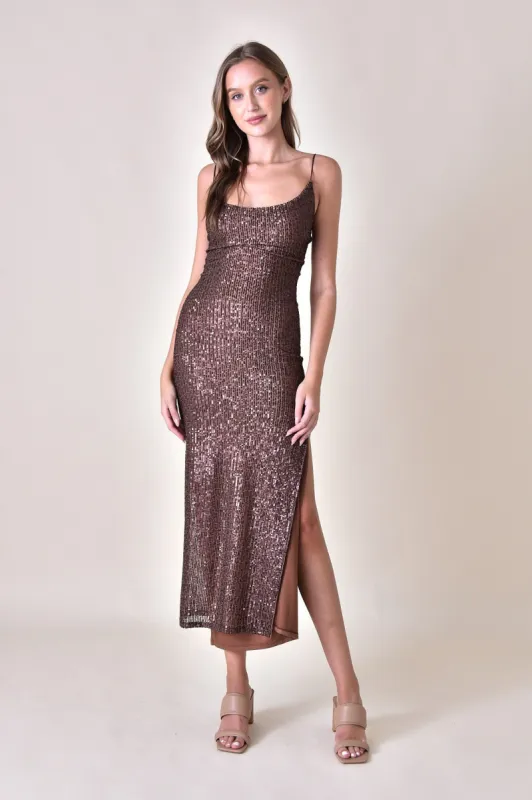 Mocha Sequin Maxi Dress With Side Slit sold by Pinkblush