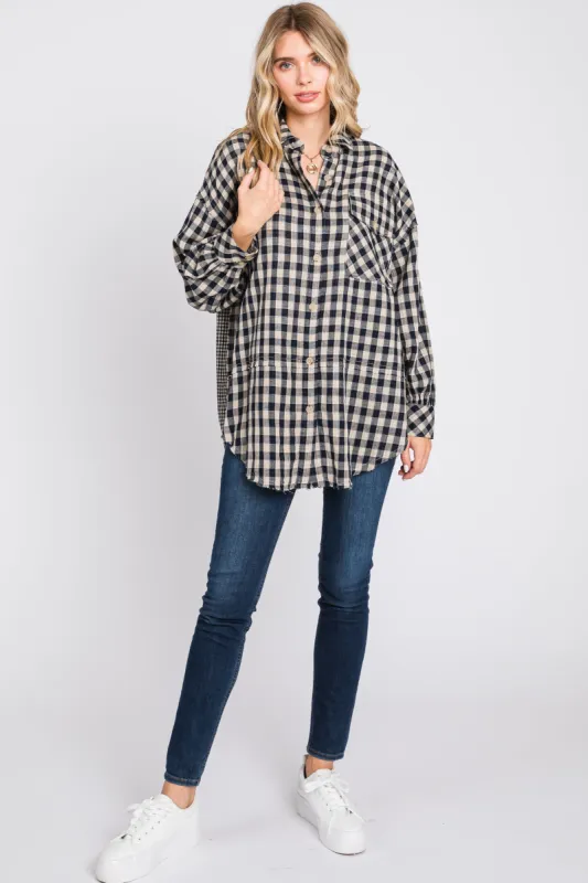 Black Mixed Plaid Fringe Button Down Top sold by Pinkblush