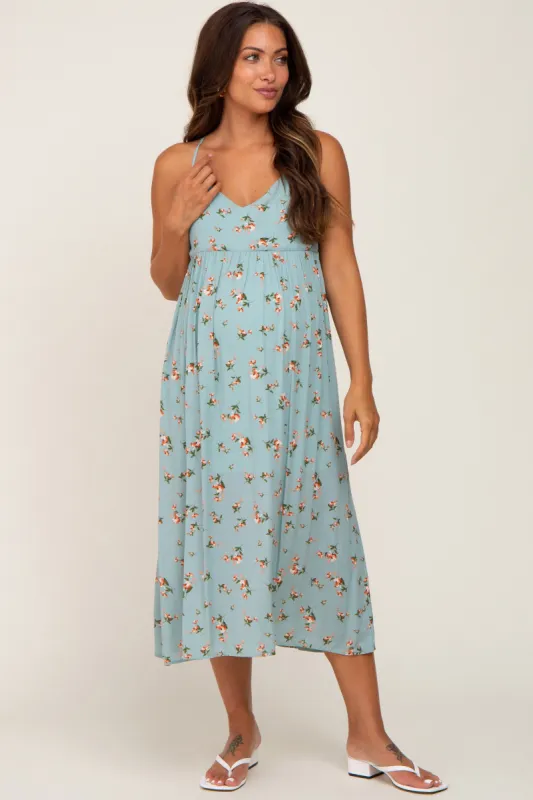 Light Blue Floral Sleeveless Maternity Maxi Dress sold by Pinkblush