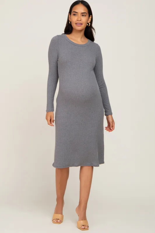Grey Ribbed Long Sleeve Maternity Midi Dress sold by Pinkblush