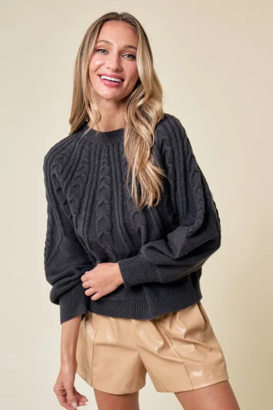 Charcoal Bubble Sleeve Cozy Cable Sweater Top sold by Pinkblush